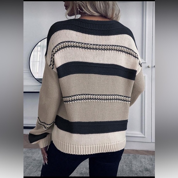 NWOT Striped Dropped Shoulder Sweater, Size Medium, Cream/Black/Khaki - Picture 3 of 6